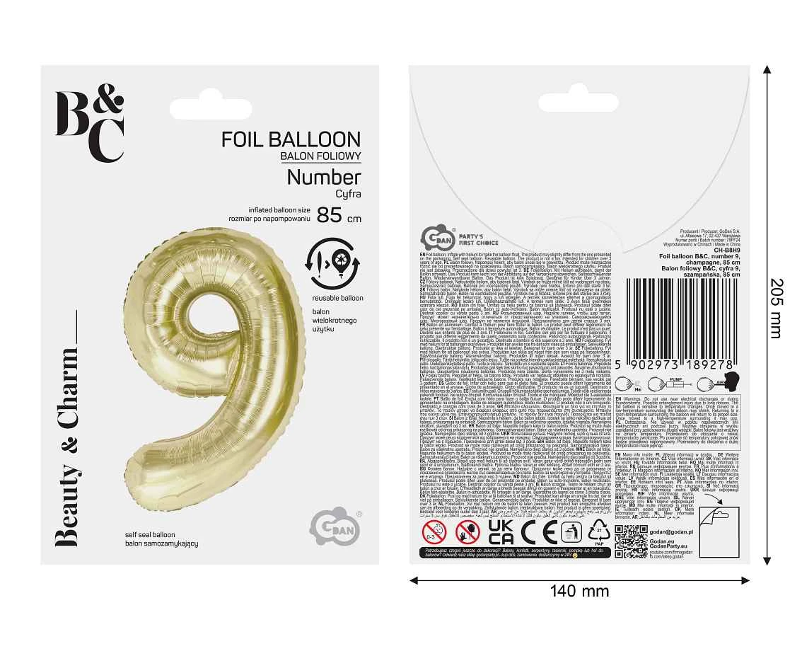 Balon foliowy B&C, cyfra 9, szampańska, 85 cm AA